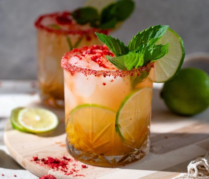 mango-mocktail mit gefriergetrockneten erdbeeren